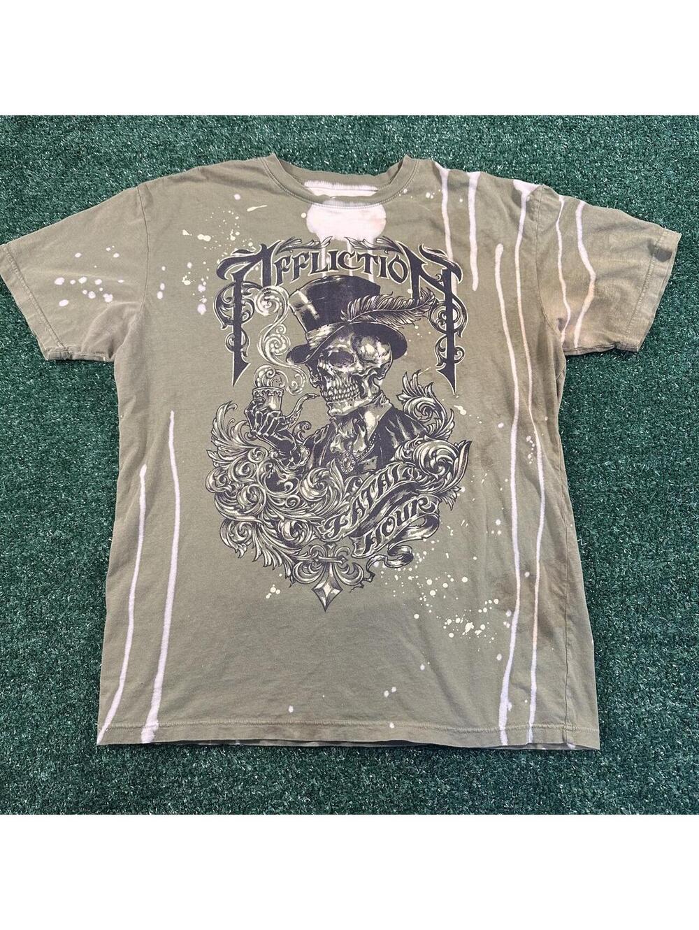 Affliction BKE green skull short sleeve shirt tee with white paint splatter XL